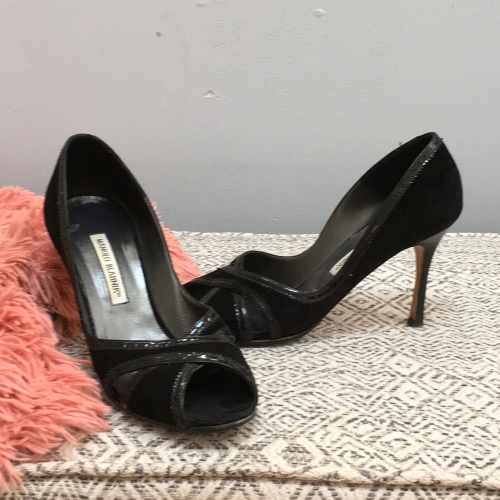 Manolo Blahnik black suede peep toe heels